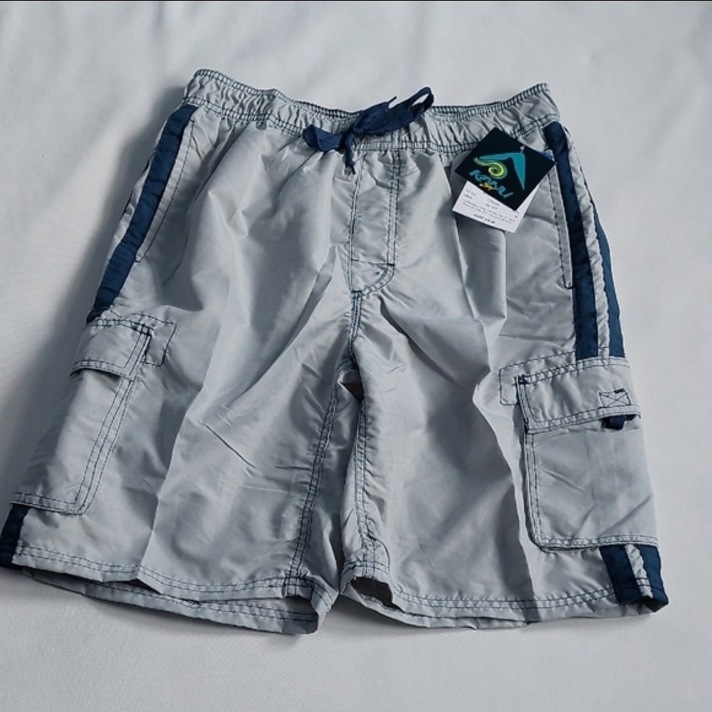Kanu Surf Board Shorts Gray Swim Beach Cargo Pockets Lined Drawstring Size M‎